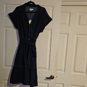 Chaps Blue Midi Dress with V-Neck and Cap Dolman Sleeves